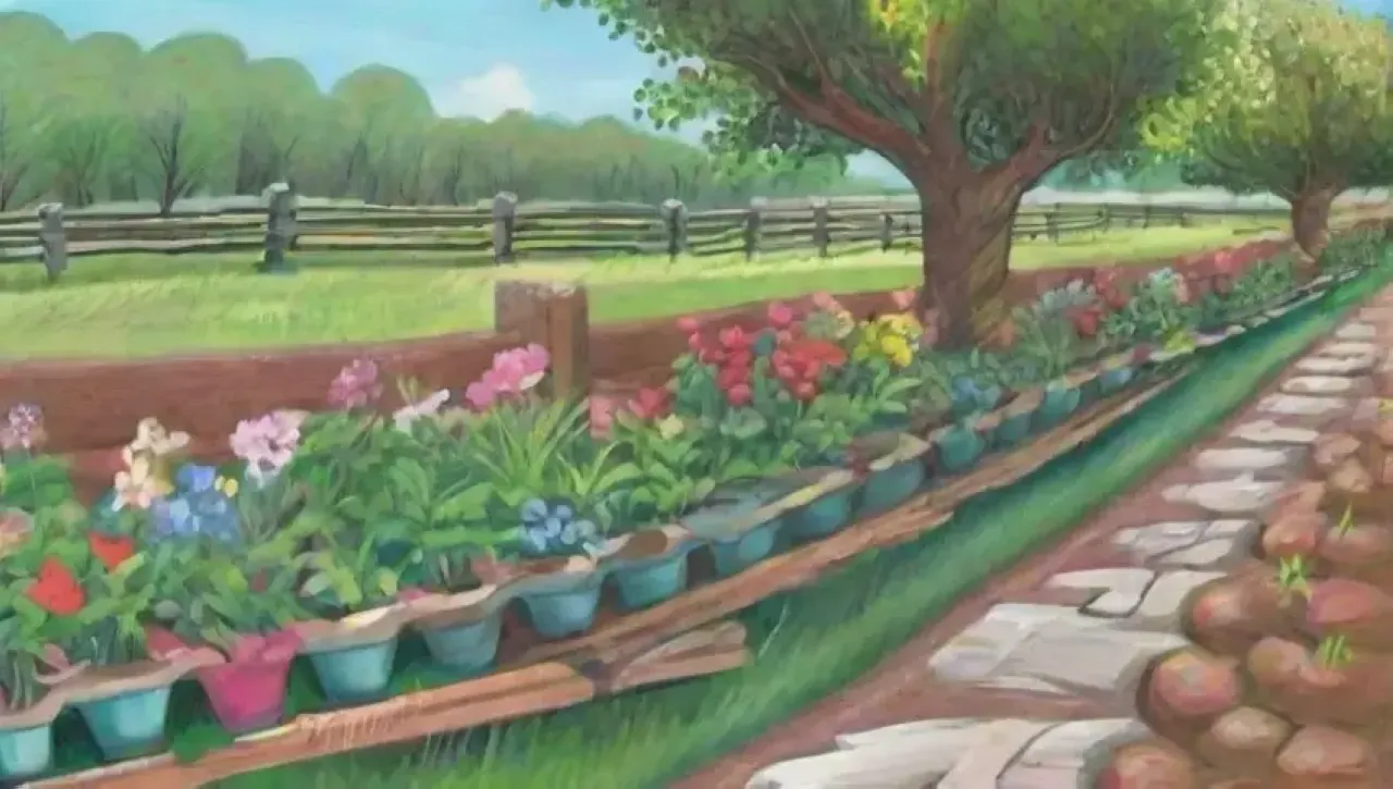 Un jardín vibrante con hojas verdes, flores delicadas, frutas coloridas y un cielo sereno