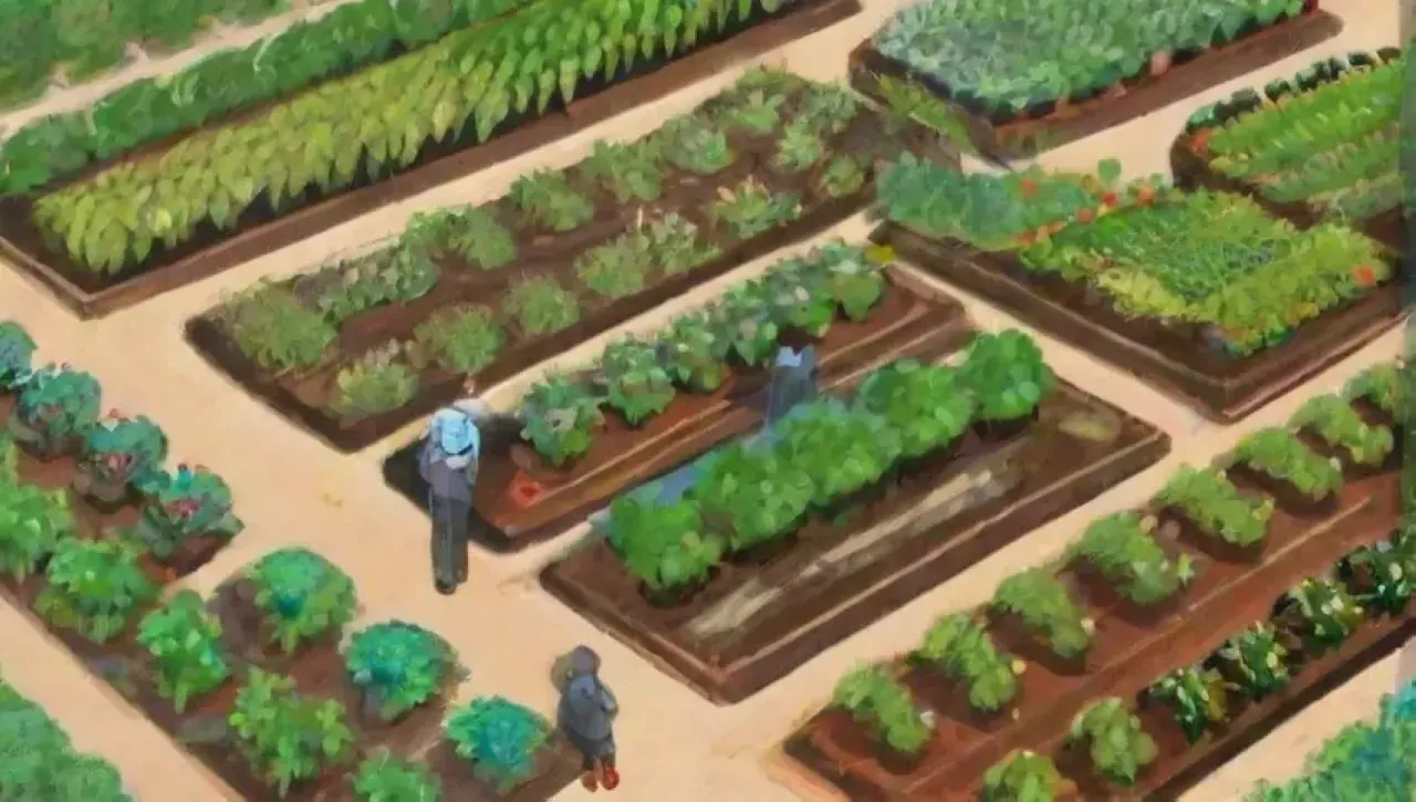 Campos verdes vibrantes con legumbres, sol, abejas, mariposas, y comunidades sostenibles