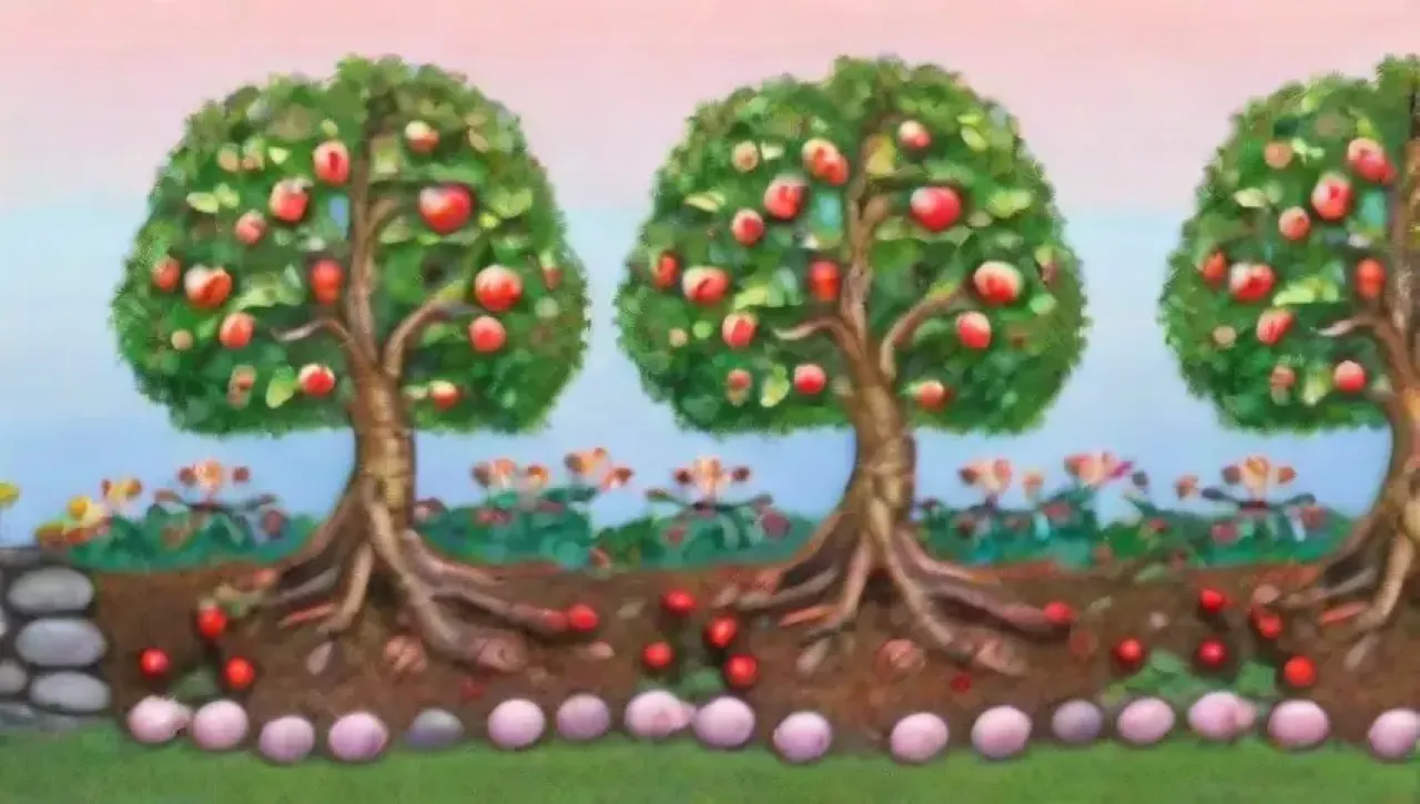 Un paisaje vibrante de árboles frutales, hojas verdes y frutas listas para cosechar