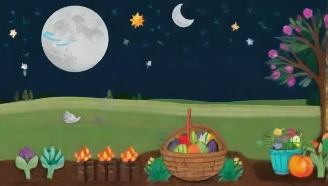 Un paisaje rural sereno bajo la luna llena, lleno de vida y promesas de abundancia