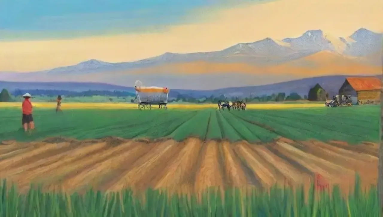 Un paisaje rural vibrante con campos verdes, cultivos diversos, y una comunidad activa en armonía con la naturaleza
