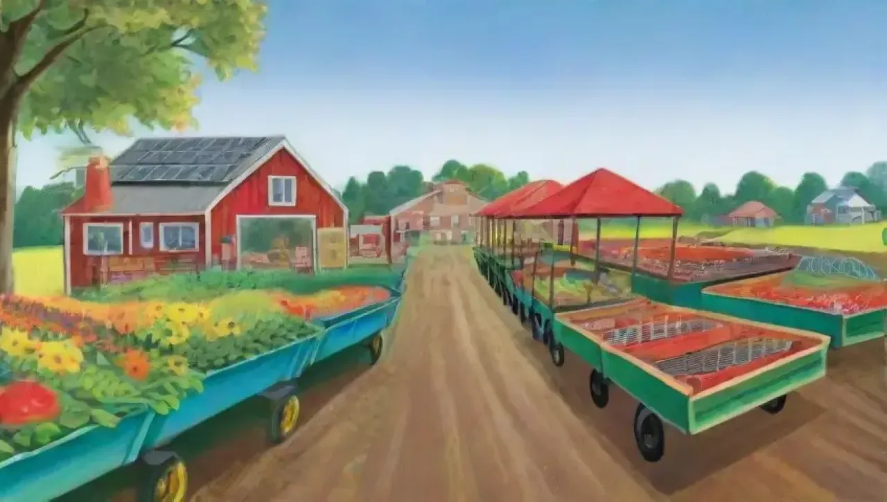 Campos verdes vibrantes con maquinaria ecológica y agricultores en armonía con la naturaleza