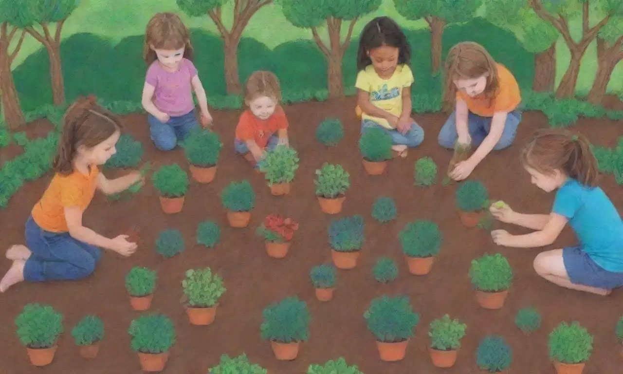 Jardines coloridos y niños aprendiendo a plantar en equipo