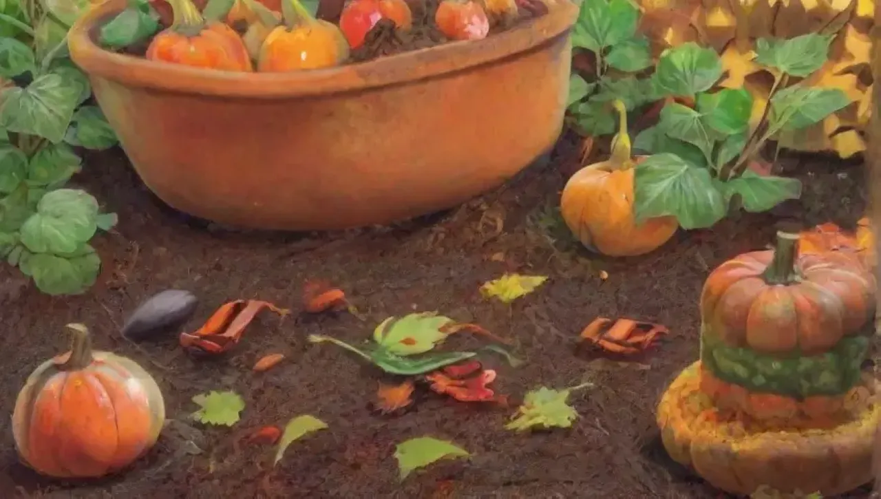Escena de compostaje vibrante con hojas verdes, tierra marrón, lombrices rojas y aromas orgánicos