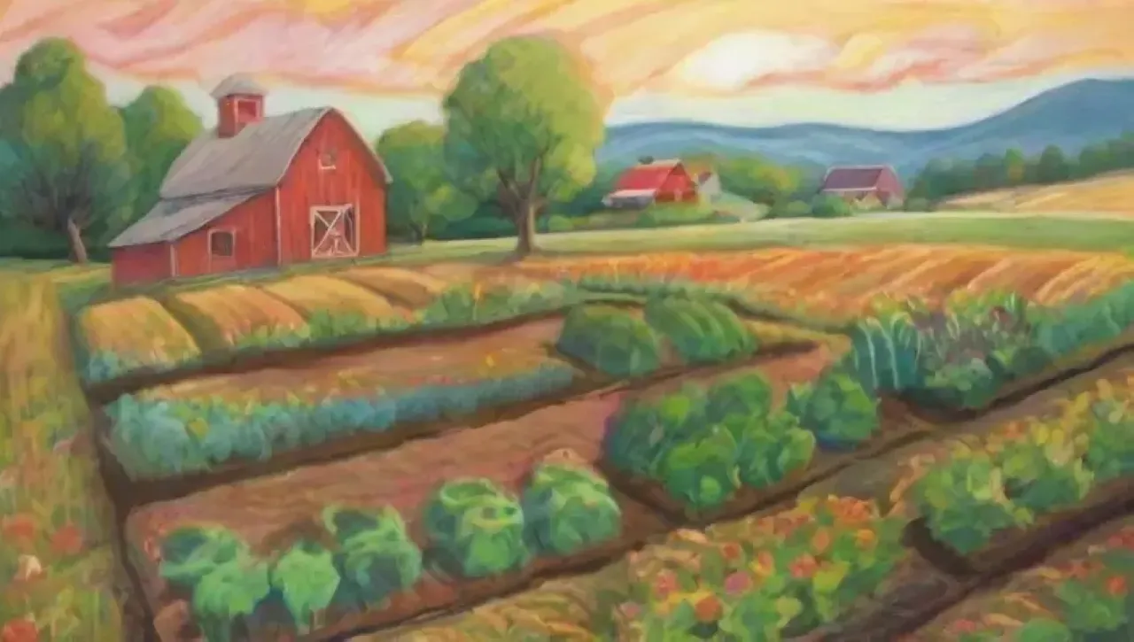 Un paisaje agrícola vibrante y comunitario, lleno de cultivos, flores y cosechas