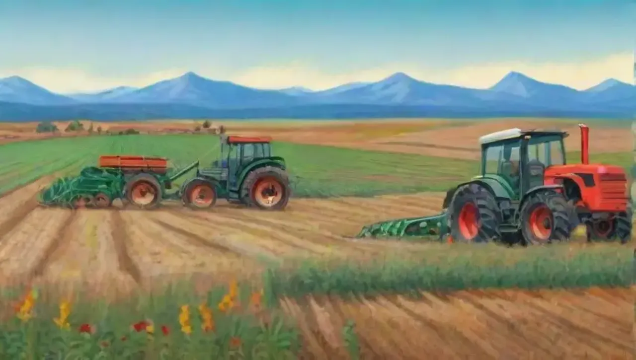 Campos verdes vibrantes con maquinaria agrícola en acción bajo un cielo azul