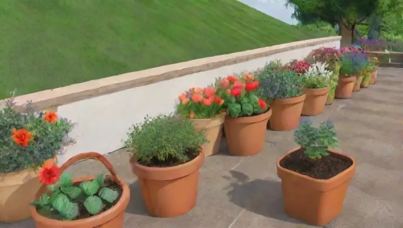 Un jardín urbano vibrante y armonioso con naturaleza, flores, vegetales y comunidad