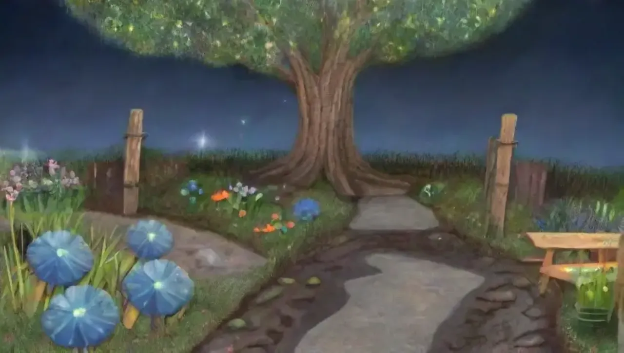 Un jardín sereno bajo la luna, lleno de flores, un jardinero en contemplación y la conexión entre naturaleza y sabiduría