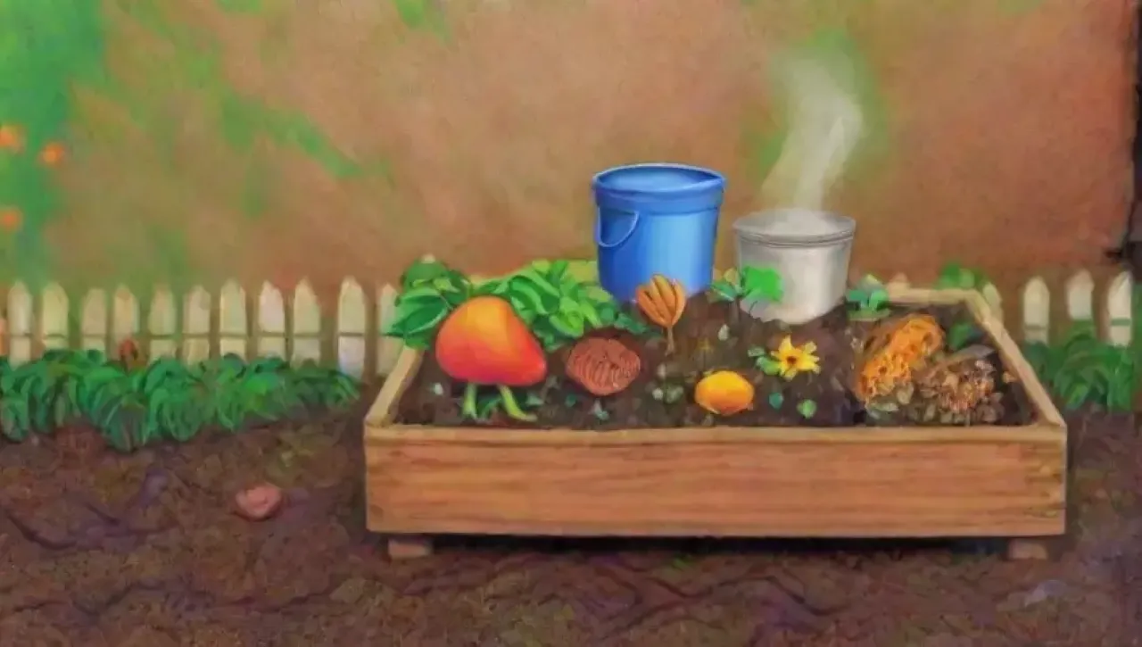 Un paisaje natural vibrante y lleno de vida, donde la brisa suave y el sol iluminan un compost rico en colores y texturas