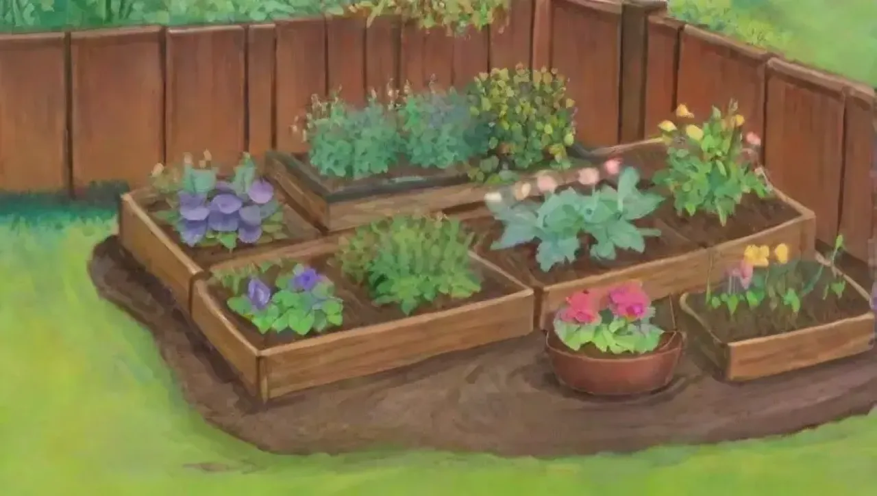 Un jardín vibrante y armonioso con hojas verdes, flores coloridas y vida silvestre