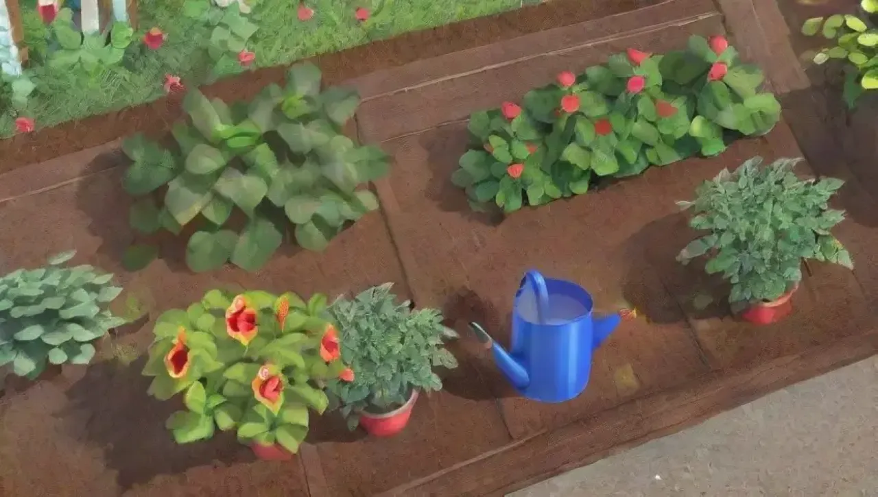 Un jardín vibrante con plantas verdes, flores coloridas y un ambiente pacífico