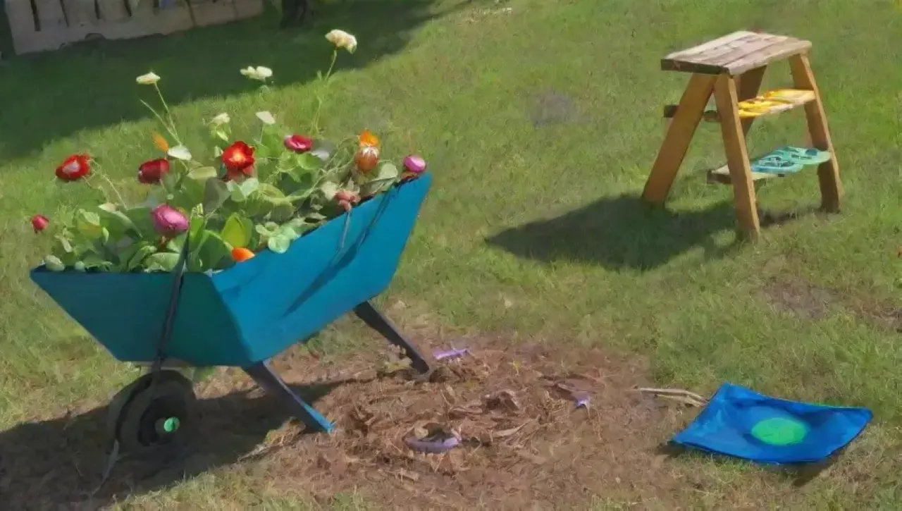 Un jardín vibrante con un árbol frutal, un jardinero cuidadoso y la promesa de una cosecha