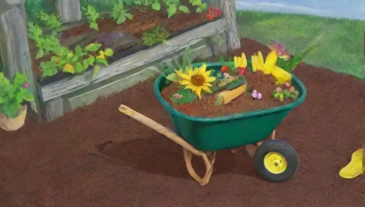 Un jardín vibrante y sereno lleno de vida y herramientas de jardinería