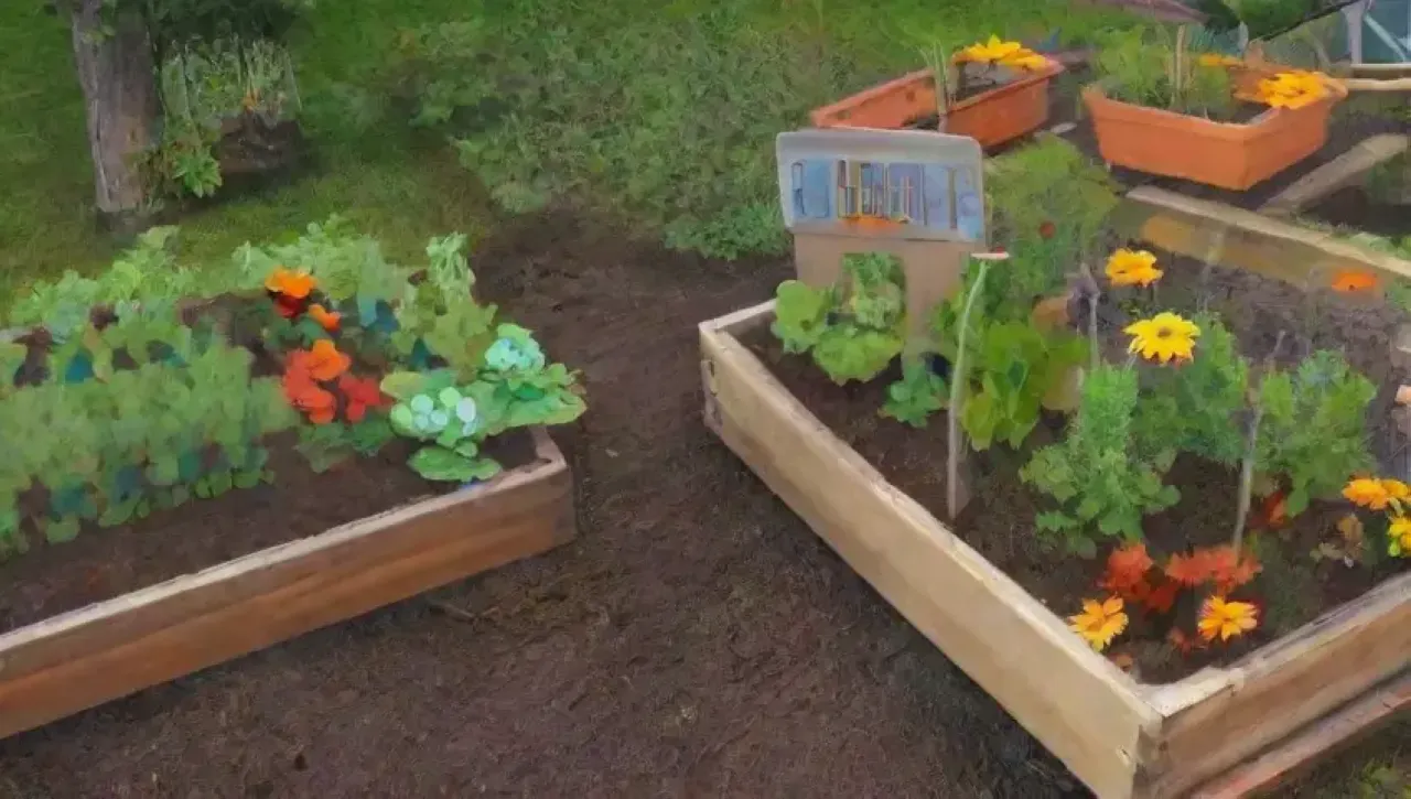 Un jardín vibrante y colorido con compost, vegetales, flores y una vista urbana