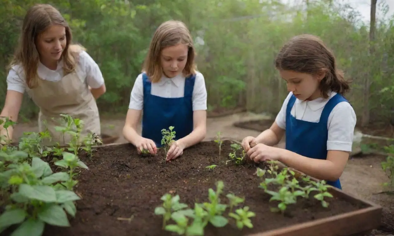 Jardín escolar con experimentos prácticos sobre biodiversidad y trabajo en equipo