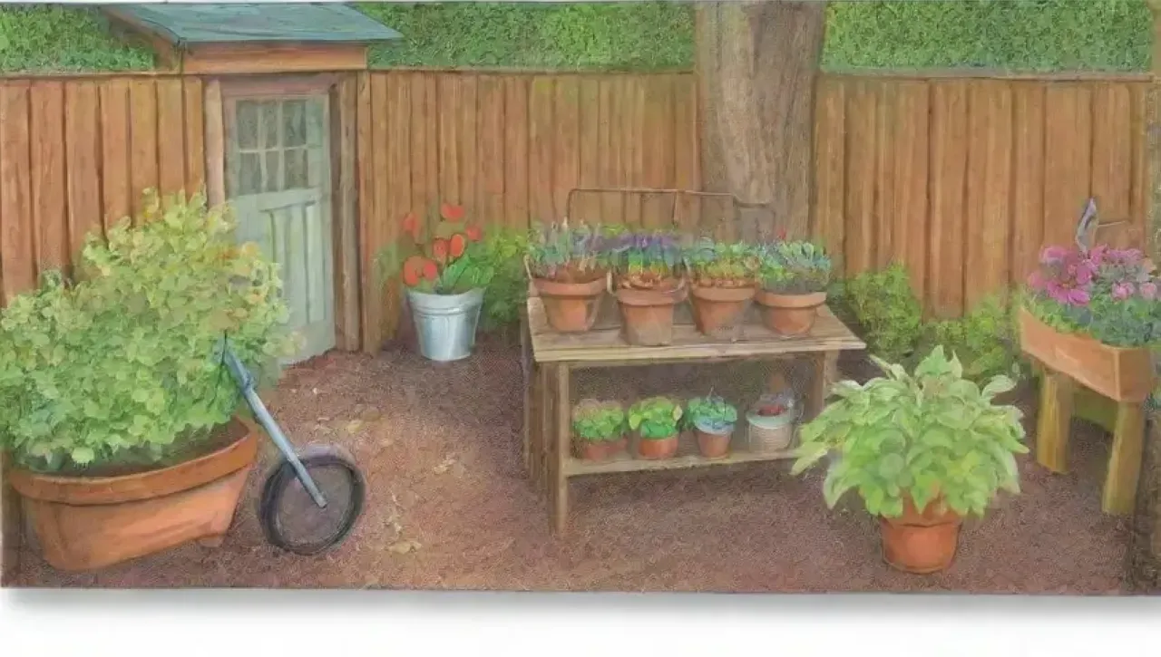 Un jardín vibrante lleno de herramientas, plantas y naturaleza