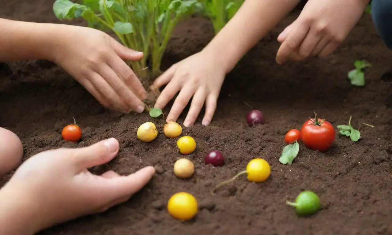 Niños plantando semillas en un jardín soleado, aprendiendo y creciendo juntos