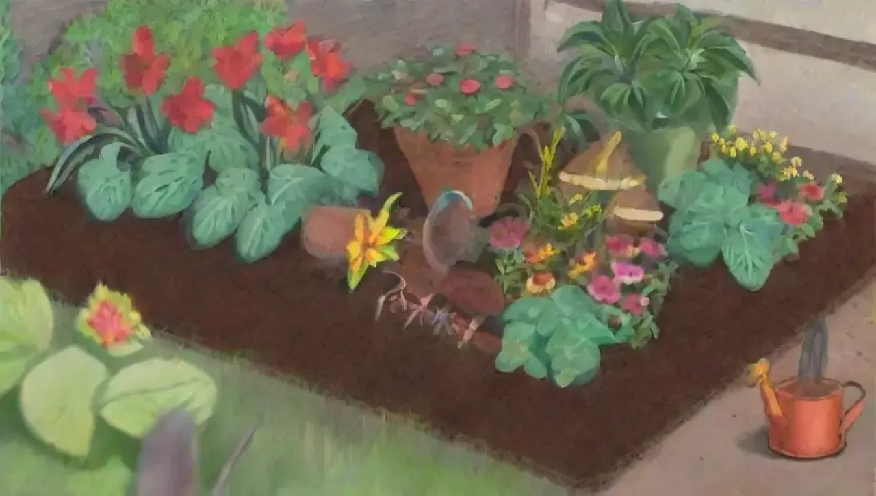 Un jardín vibrante y armonioso lleno de vida y colores
