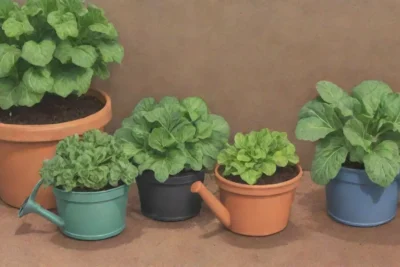 Lechuga verde brillante en un jardín casero con macetas