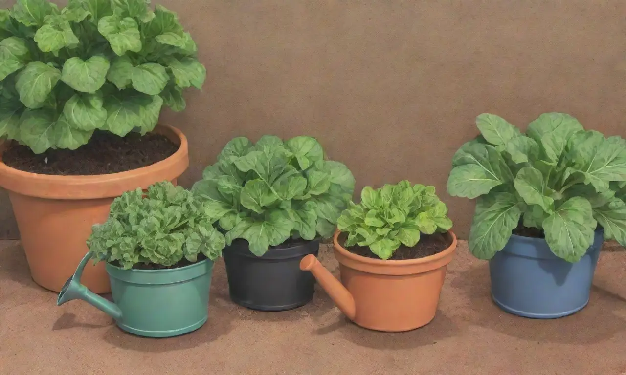 Lechuga verde brillante en un jardín casero con macetas