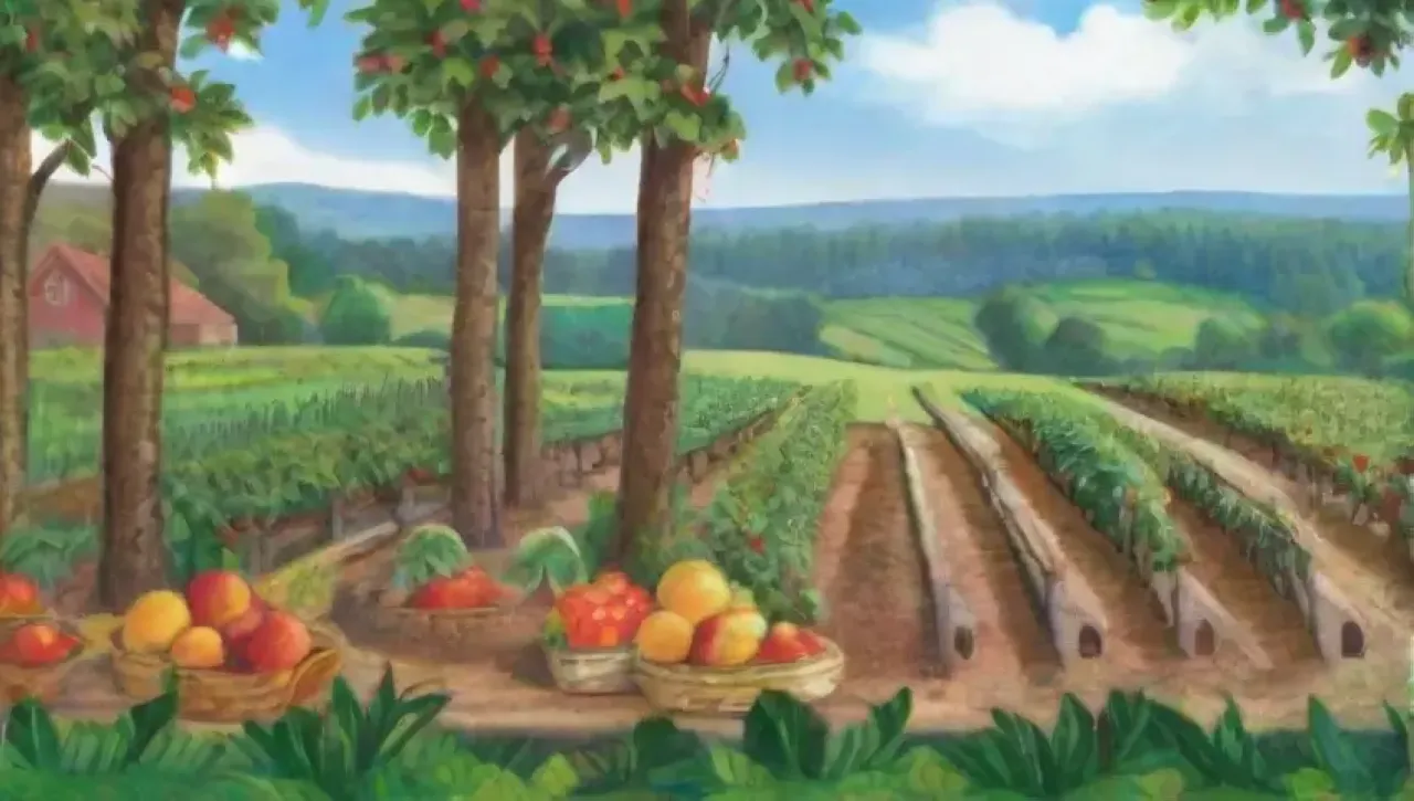 Un huerto vibrante con árboles frutales, flores, y abundante cosecha en un paisaje sereno