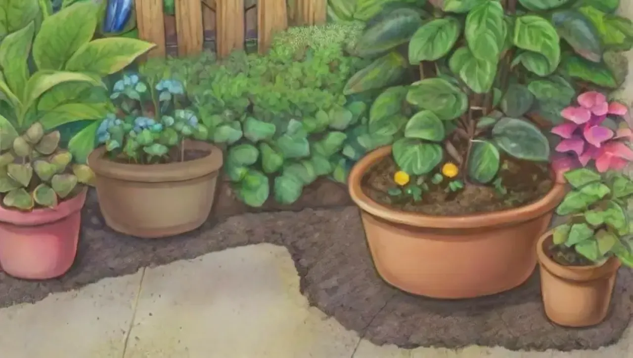 Un jardín vibrante y armonioso lleno de plantas, flores y luz