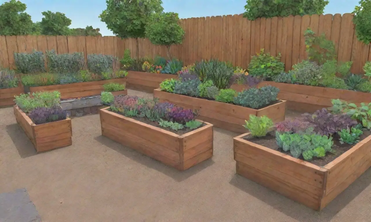 Jardín vibrante con plantas, caminos creativos y mobiliario sostenible