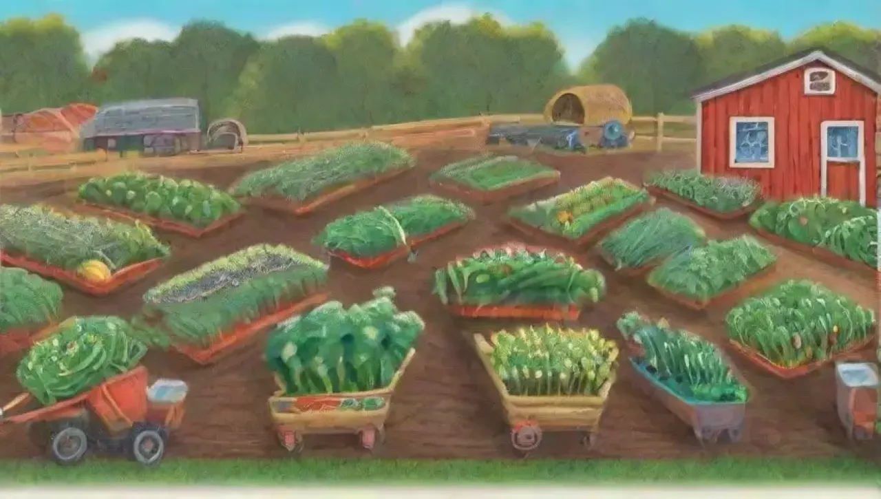 Un vibrante campo agrícola lleno de vegetales, flores y agricultores trabajando
