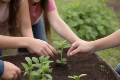 Jardín escolar colaborativo donde los estudiantes plantan y aprenden juntos