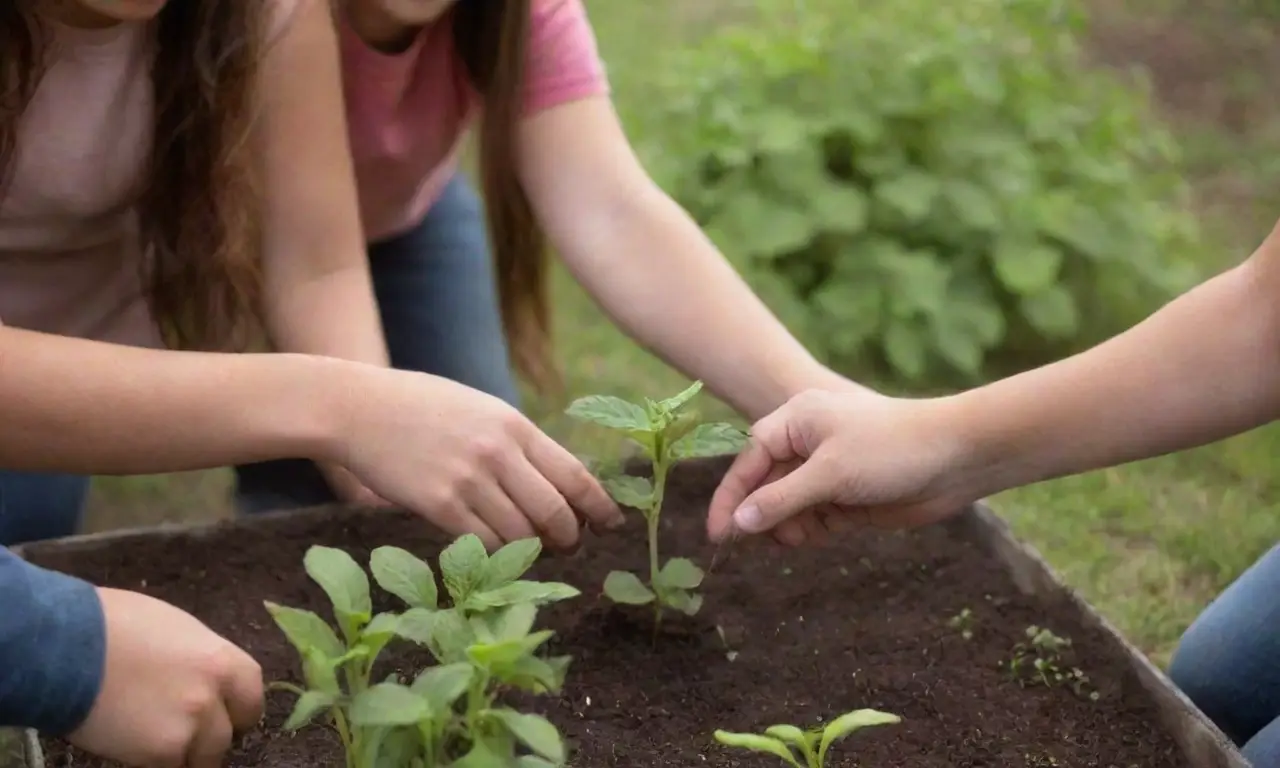 Jardín escolar colaborativo donde los estudiantes plantan y aprenden juntos