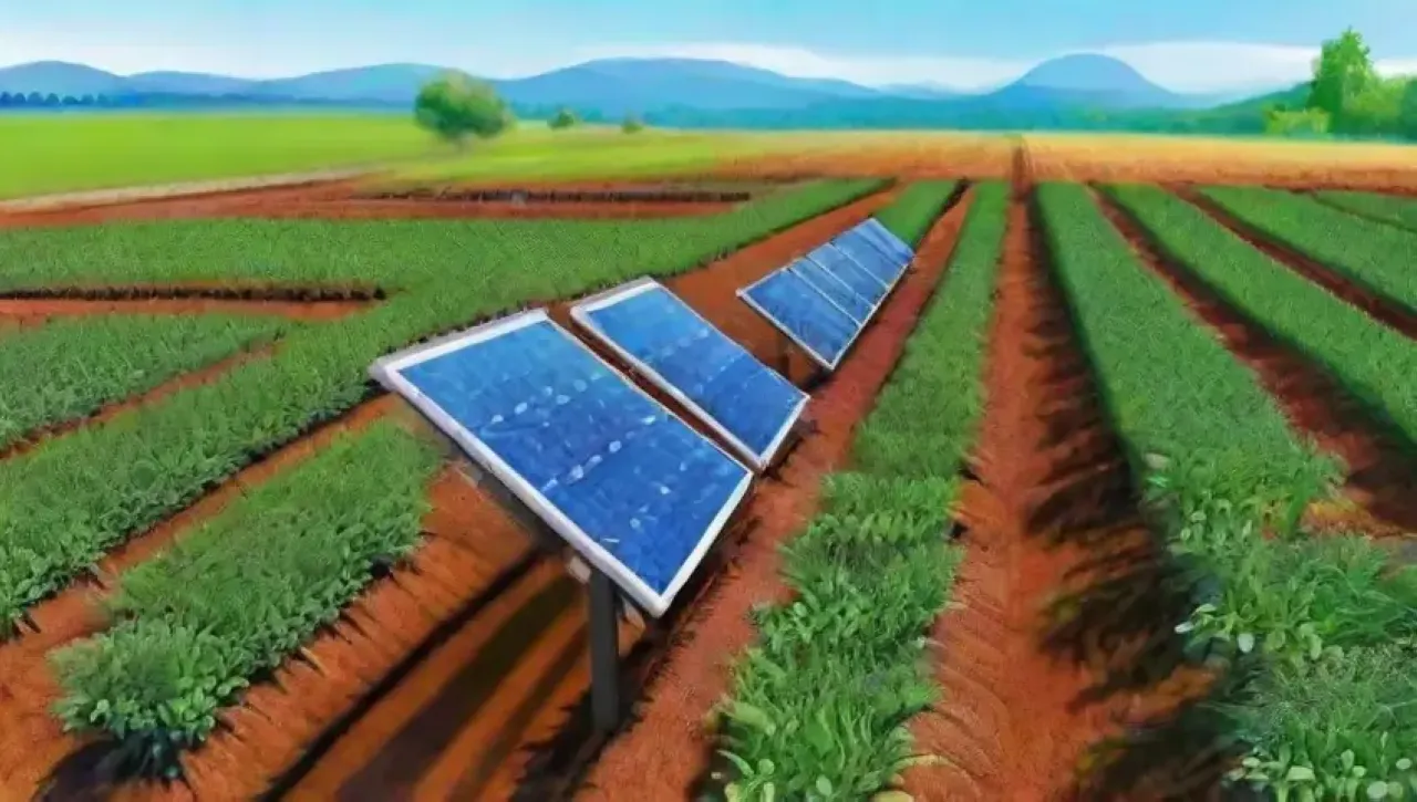 Un paisaje agrícola moderno que combina tecnología y naturaleza