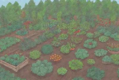 Escena de huerto vibrante con plantas sanas y prácticas seguras