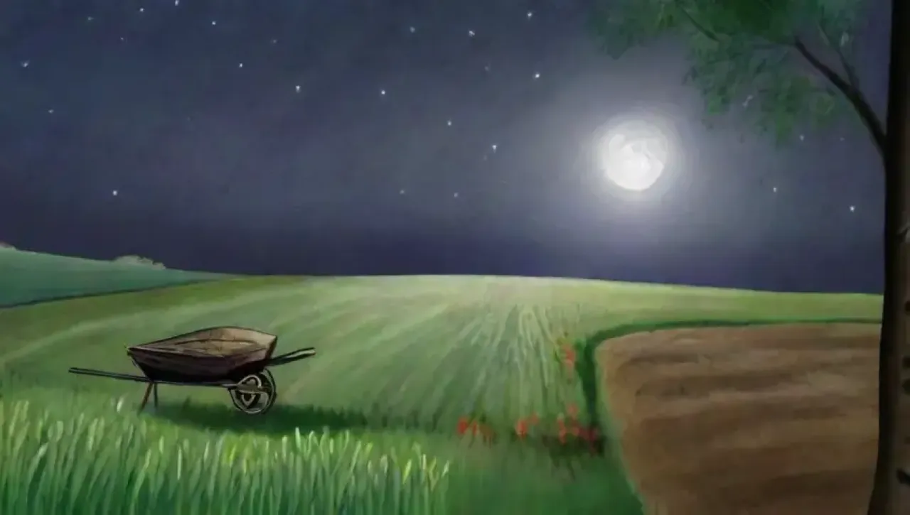 Una noche serena con luna llena ilumina un campo verde, donde un agricultor observa el cielo mientras la naturaleza susurra en armonía