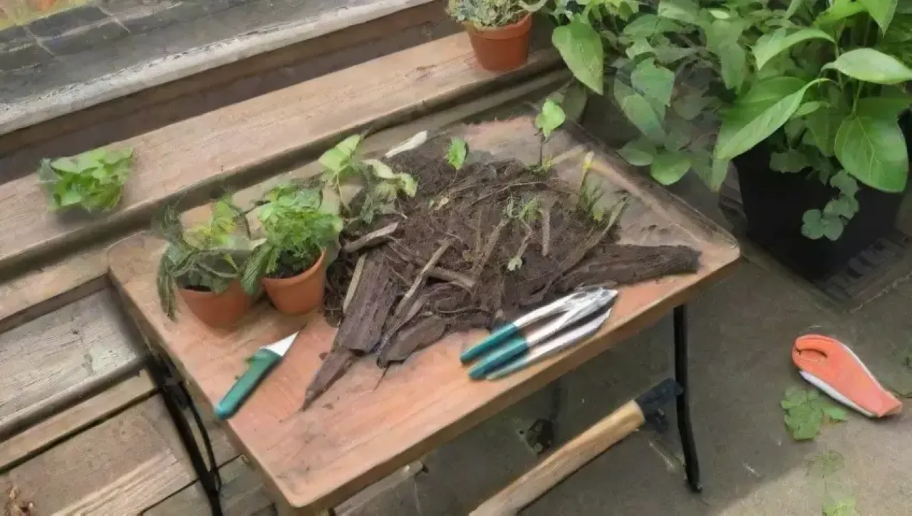 Un jardín sereno con herramientas de poda, plantas variadas y luz filtrándose entre las hojas