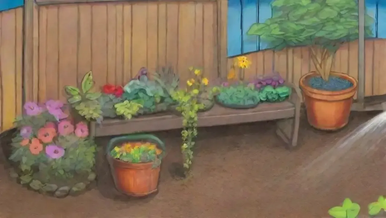 Un jardín vibrante con hojas verdes, flores, vegetales, y un ambiente lleno de vida