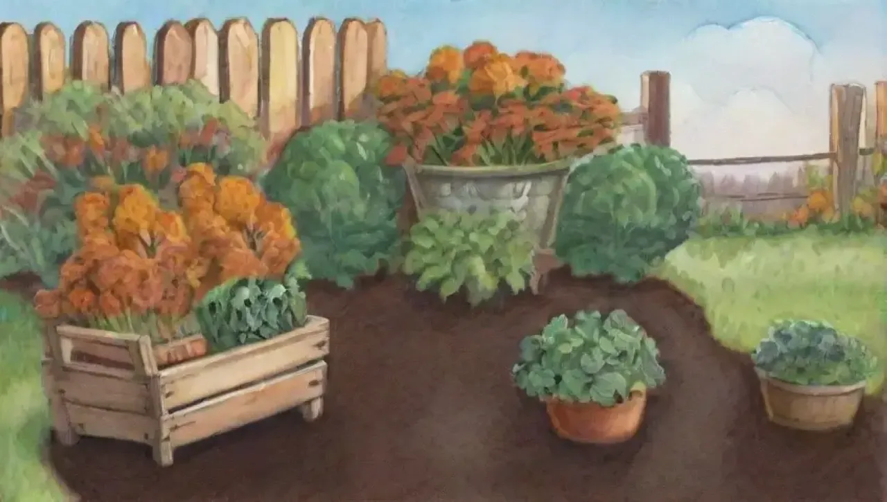 Un jardín otoñal se prepara para la siembra con colores cálidos y herramientas listas