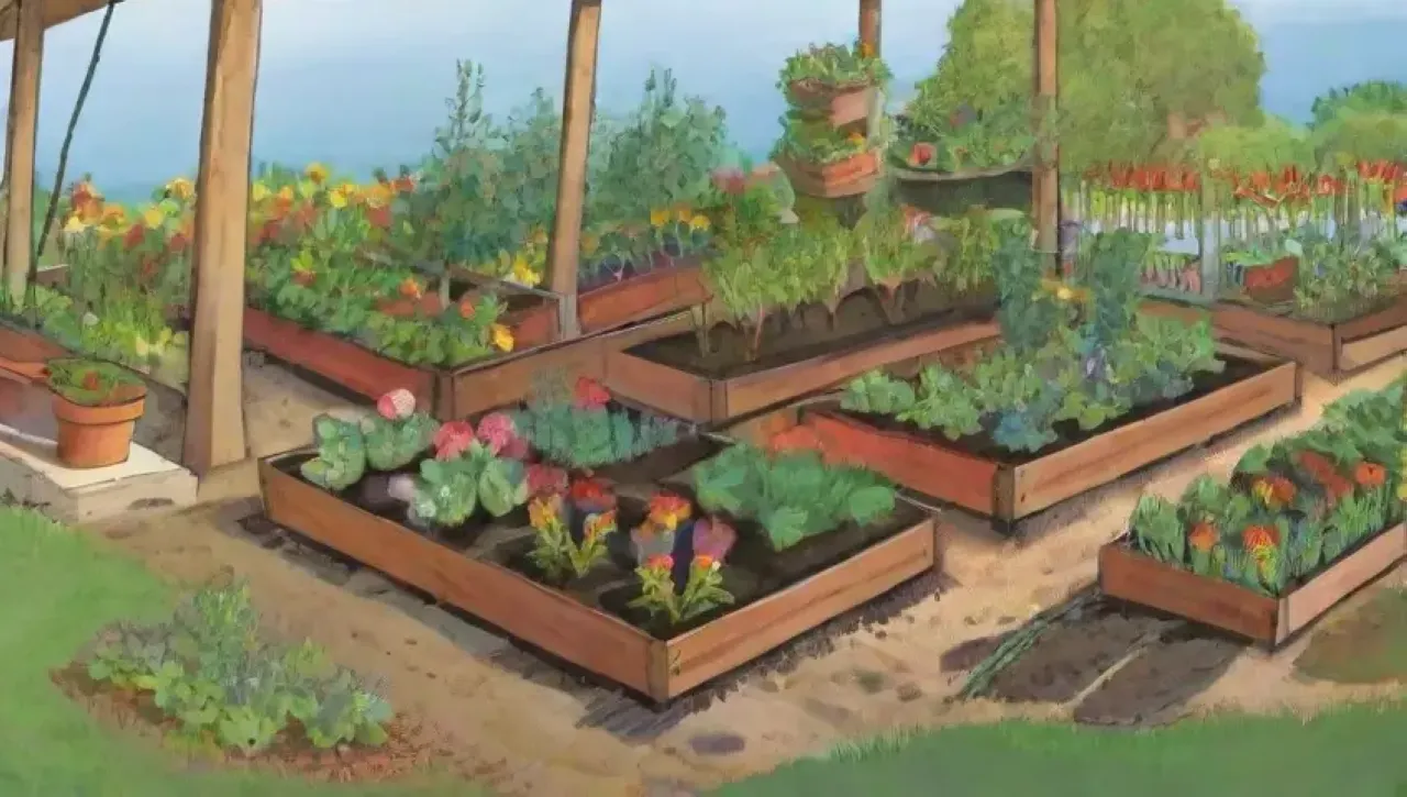 Un jardín vibrante y diverso florece con vegetales, flores, insectos y un ecosistema armonioso