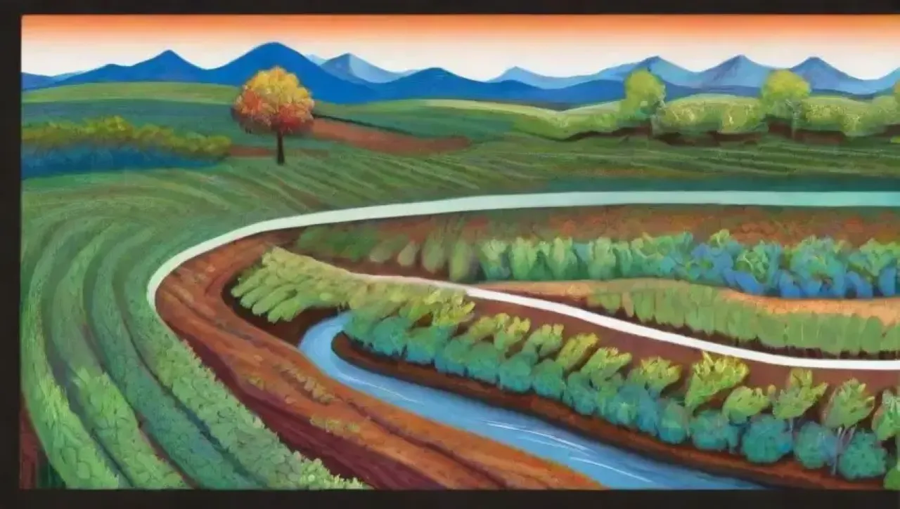 Un paisaje vibrante de campos verdes, agua, plantas diversas y un ecosistema armonioso