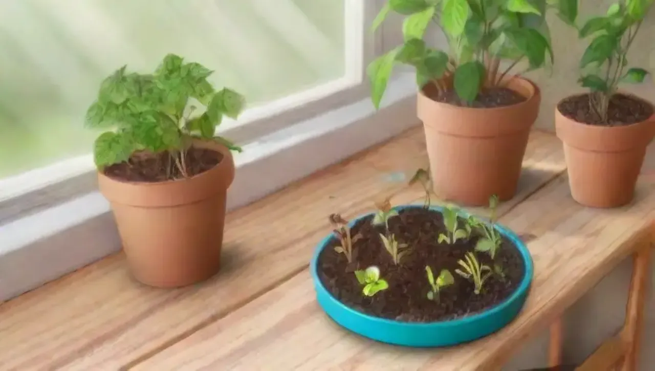 Un jardín vibrante y acogedor lleno de plantas, herramientas y un ambiente de crecimiento