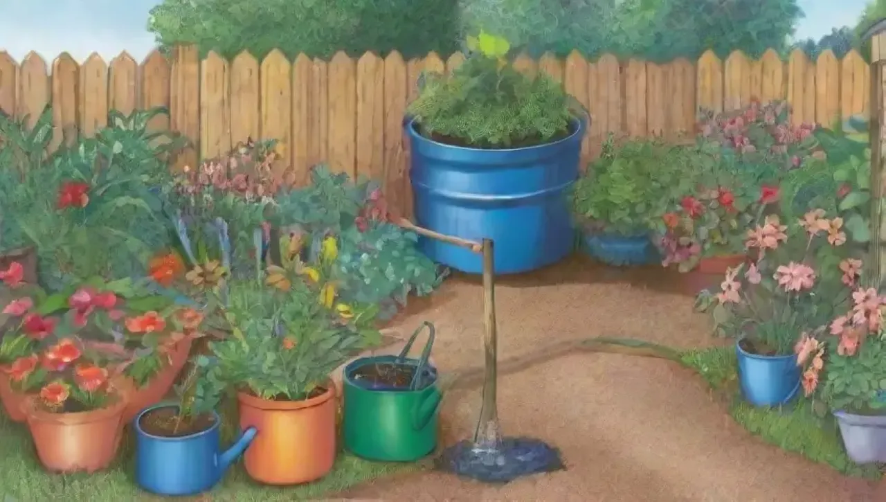 Un jardín vibrante y armonioso lleno de plantas, flores, agua y vida