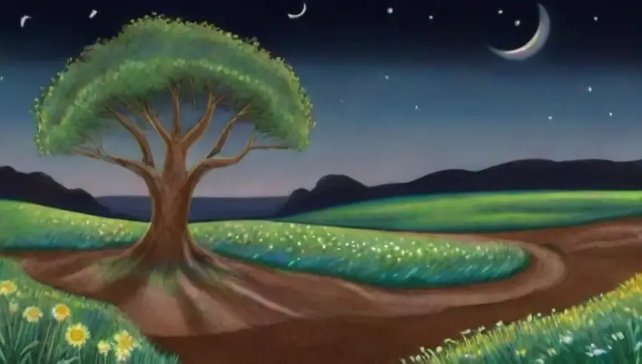 Una noche serena con la luna llena ilumina campos y la vida florece en armonía