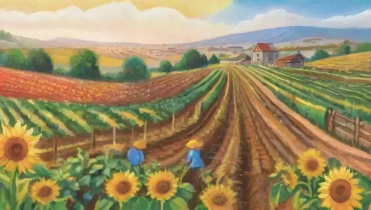 Un paisaje agrícola vibrante y lleno de vida, con campos verdes, cultivos dorados y una atmósfera de cosecha