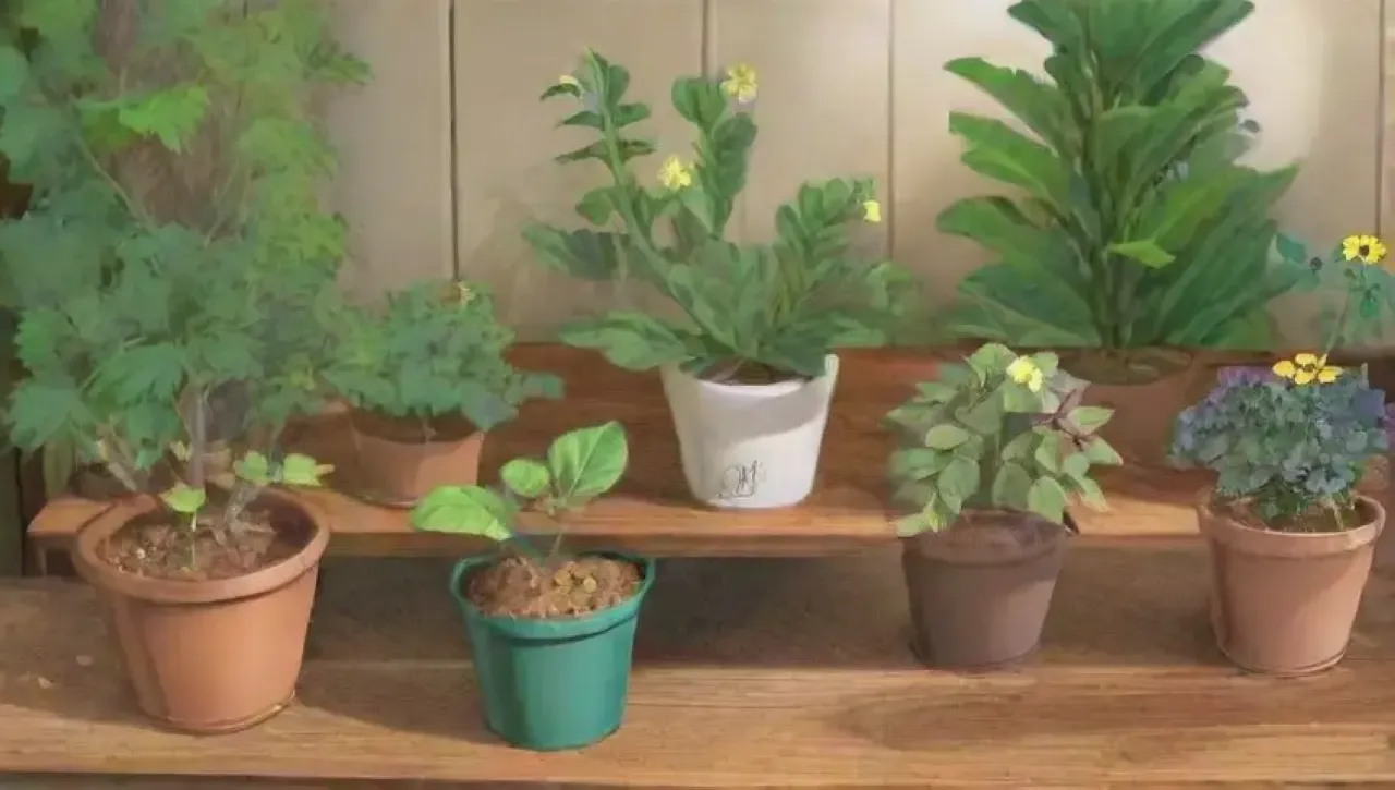 Un jardín sereno con herramientas de injerto, plantas diversas y un ambiente de cuidado