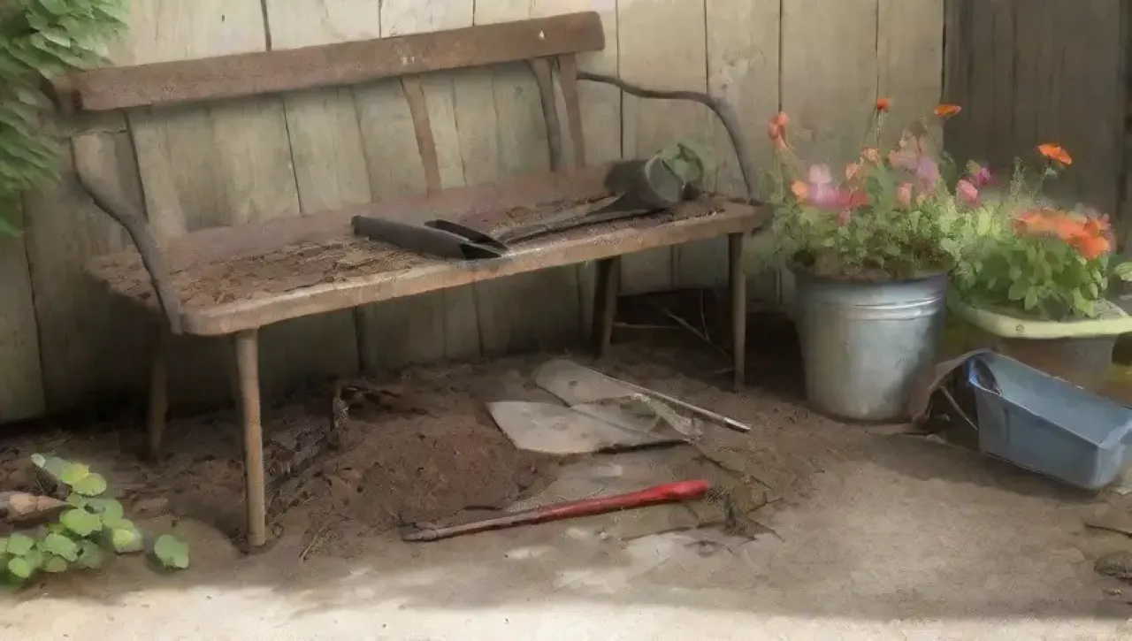 Un jardín olvidado y descuidado, lleno de herramientas oxidadas y plantas marchitas