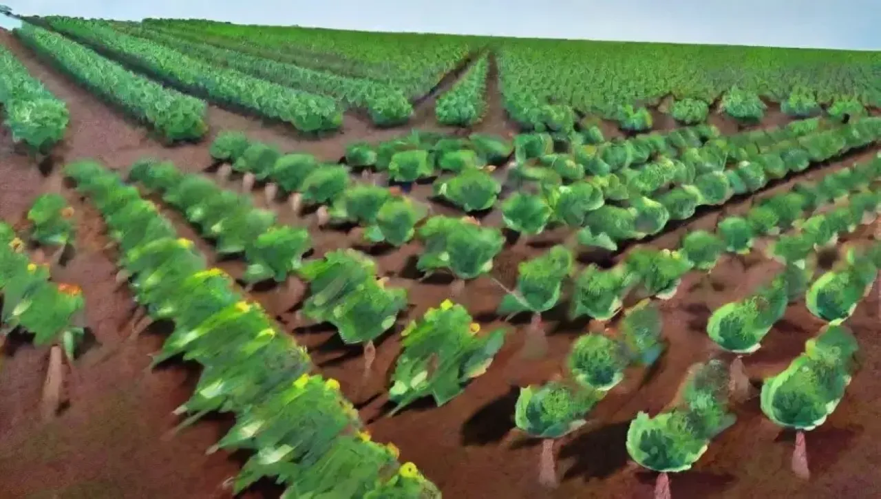 Campos verdes vibrantes con trampas alineadas y tecnología integrada en un paisaje armonioso