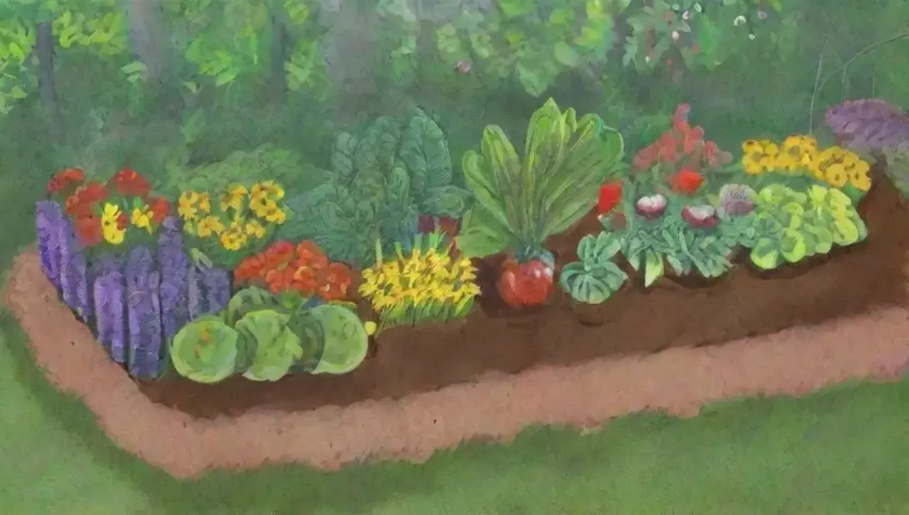 Un jardín vibrante y armonioso con plantas coloridas, insectos activos y un ecosistema floreciente