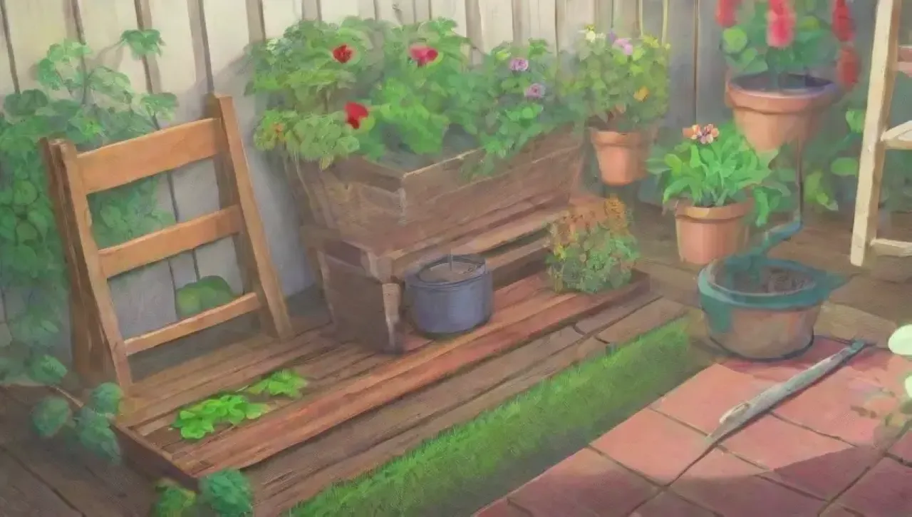 Un jardín vibrante con flores coloridas, herramientas de jardinería y mariposas revoloteando