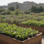 Azotea vacía con plantas vibrantes y camas elevadas para un jardín urbano sostenible