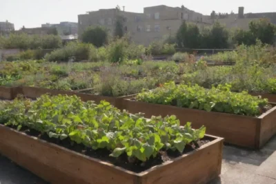 Azotea vacía con plantas vibrantes y camas elevadas para un jardín urbano sostenible