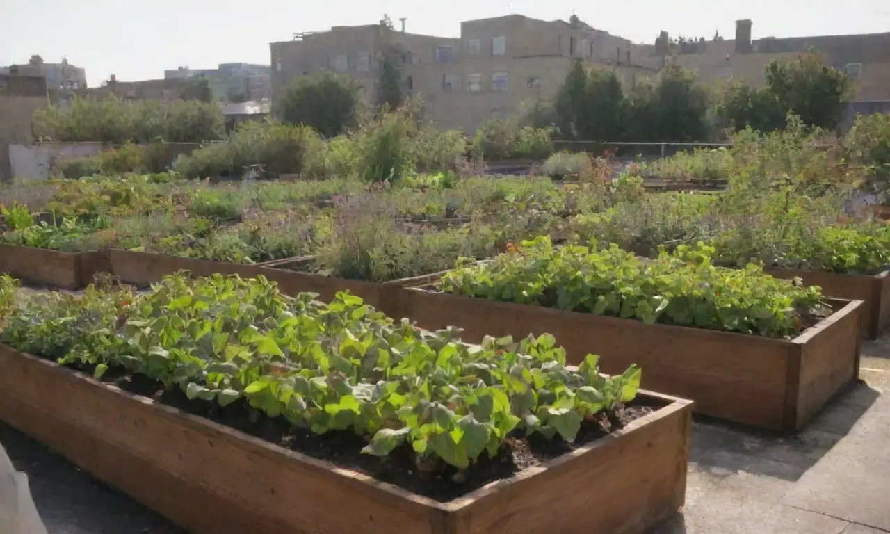 Azotea vacía con plantas vibrantes y camas elevadas para un jardín urbano sostenible